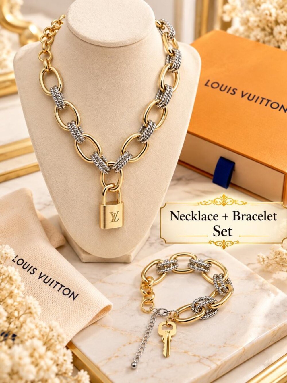 Authentic Louis Vuitton Gold Padlock W/ Unbranded Gold Plated Chain & Bracelet